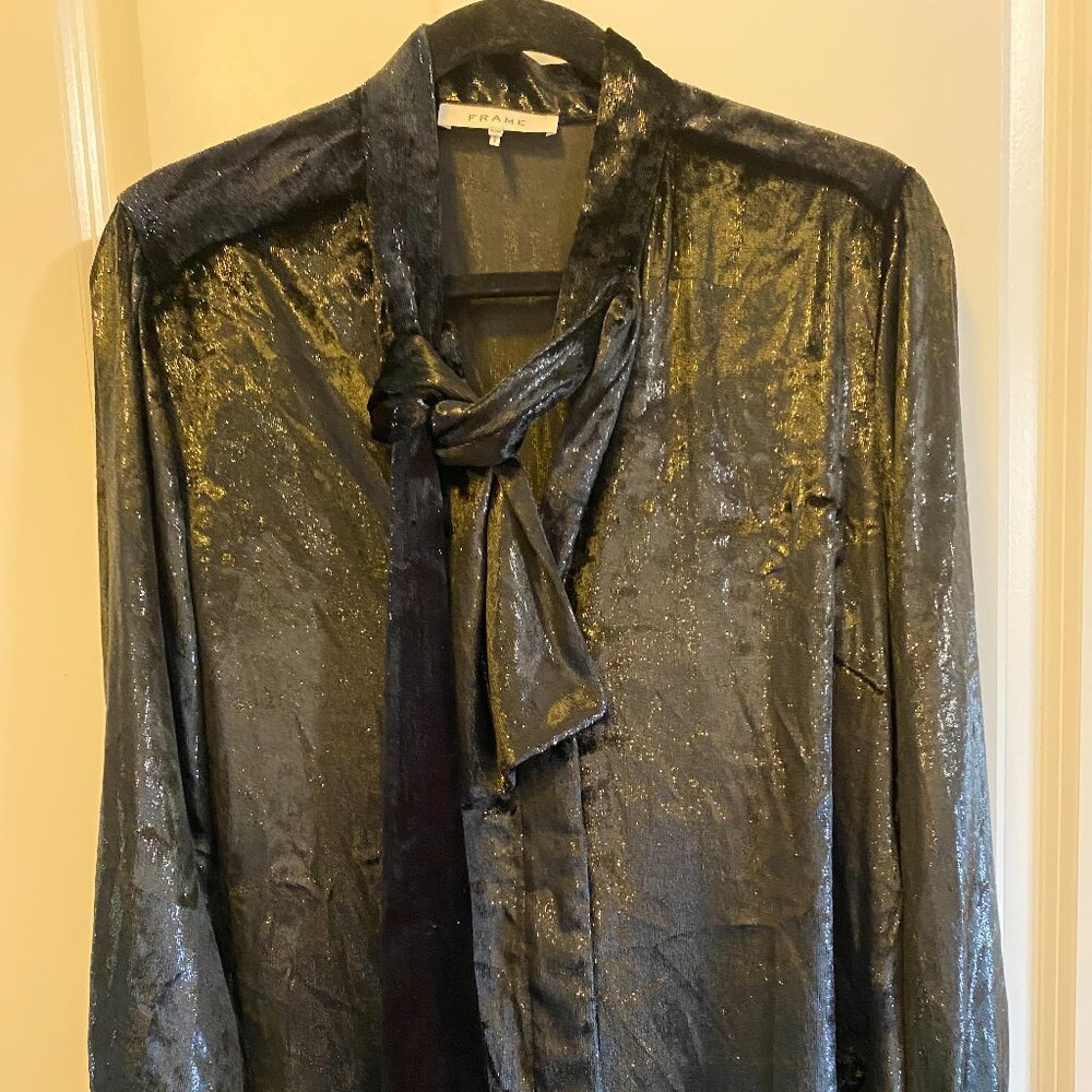 Frame Shimmering Long Sleeve Tie Neck Blouse